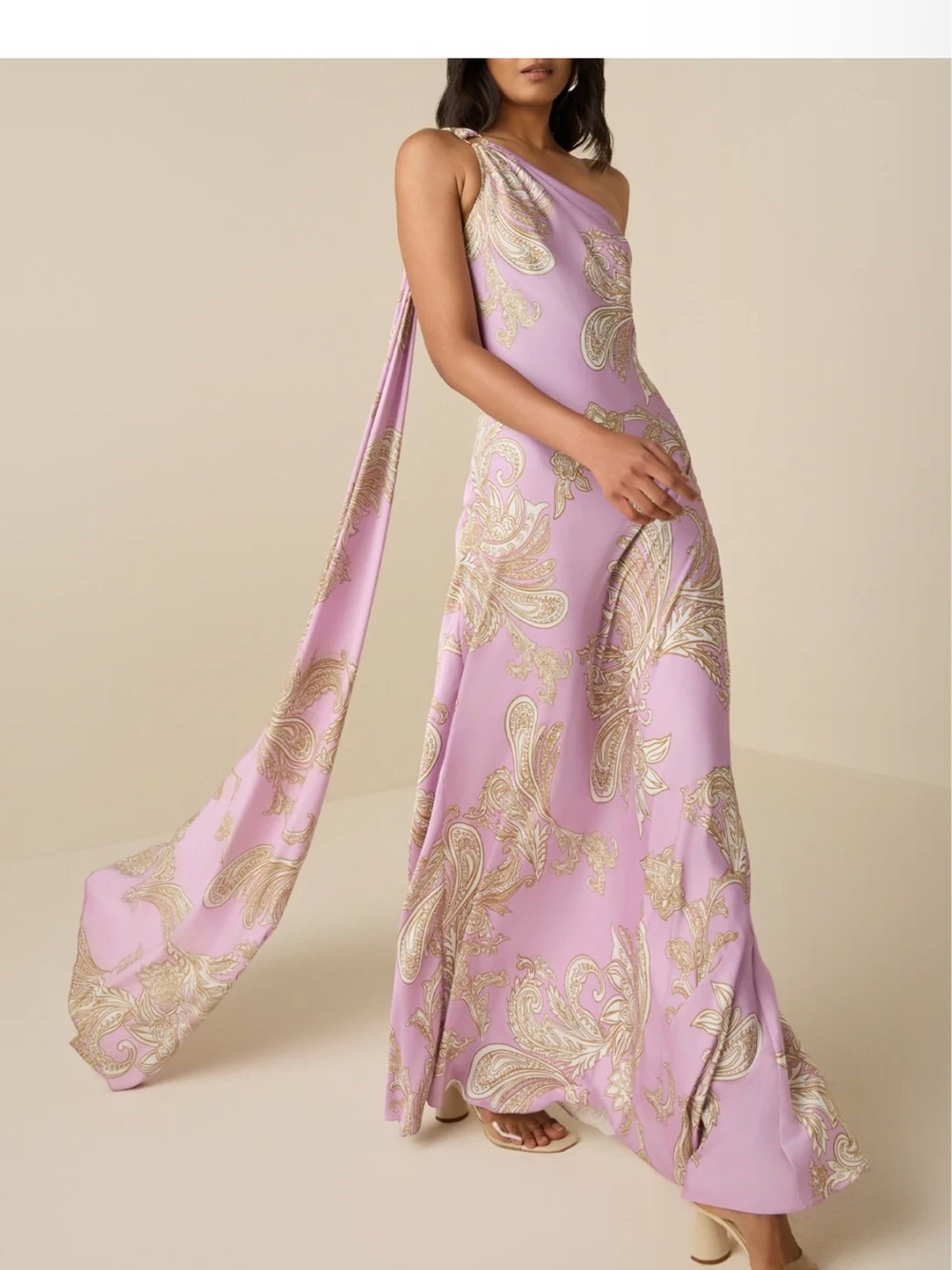 HEMANT & NANDITA Lavender One-Shoulder Maxi Dress with Gold Paisley